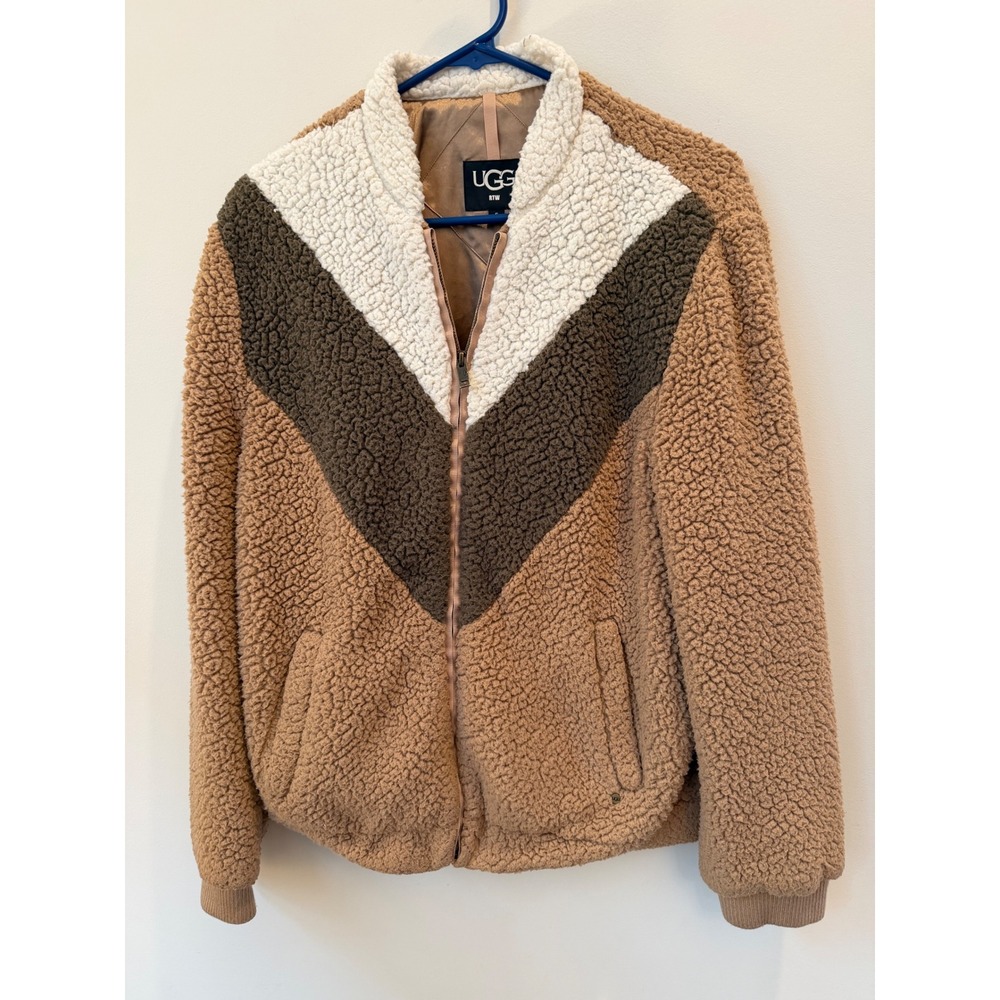 UGG Joanne Sherpa Bomber Jacket Tri-Color Chevron Tan Brown Full Zip Small